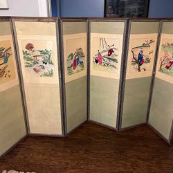 Vintage Korean Six Panel Screen/Room Divider Embroidered Scenes 4' x 99" **Torn  A decorative piece, with charming romanticized depictions of life in 