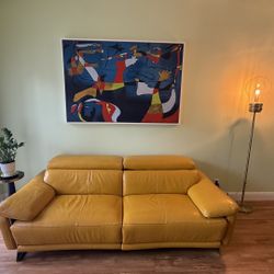 Gabrielle Yellow Leather Power Reclining Sofa Like New 
