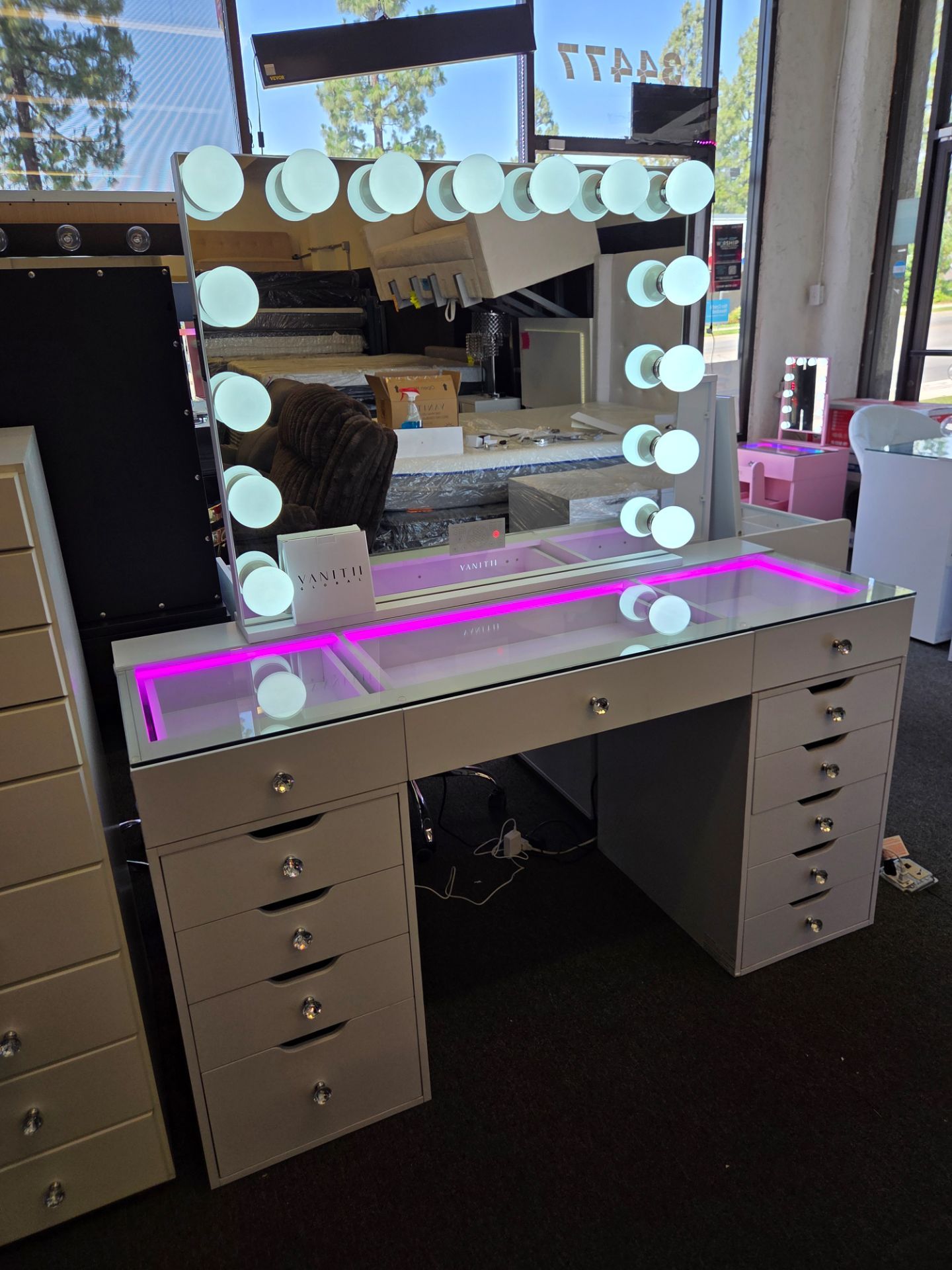 Brand New Vanity Set 12 Drawers W/ RGB Color Light USB & Type C & XL Hollywood Mirror W/ Bluetooth Speaker $899
