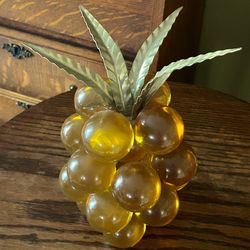 Vintage Mid Century Amber Lucite Acrylic Pineapple Grape Cluster with Gold Leaves — McM Décor — 9"