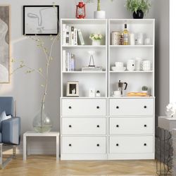 2pcs Vertical File Cabinet, 3-Tier Modern Bookshelf with 3 Large Drawer, Wood Filing Cabinet with Open Storage Shelf, Glass Doors and Adjustable Shelv