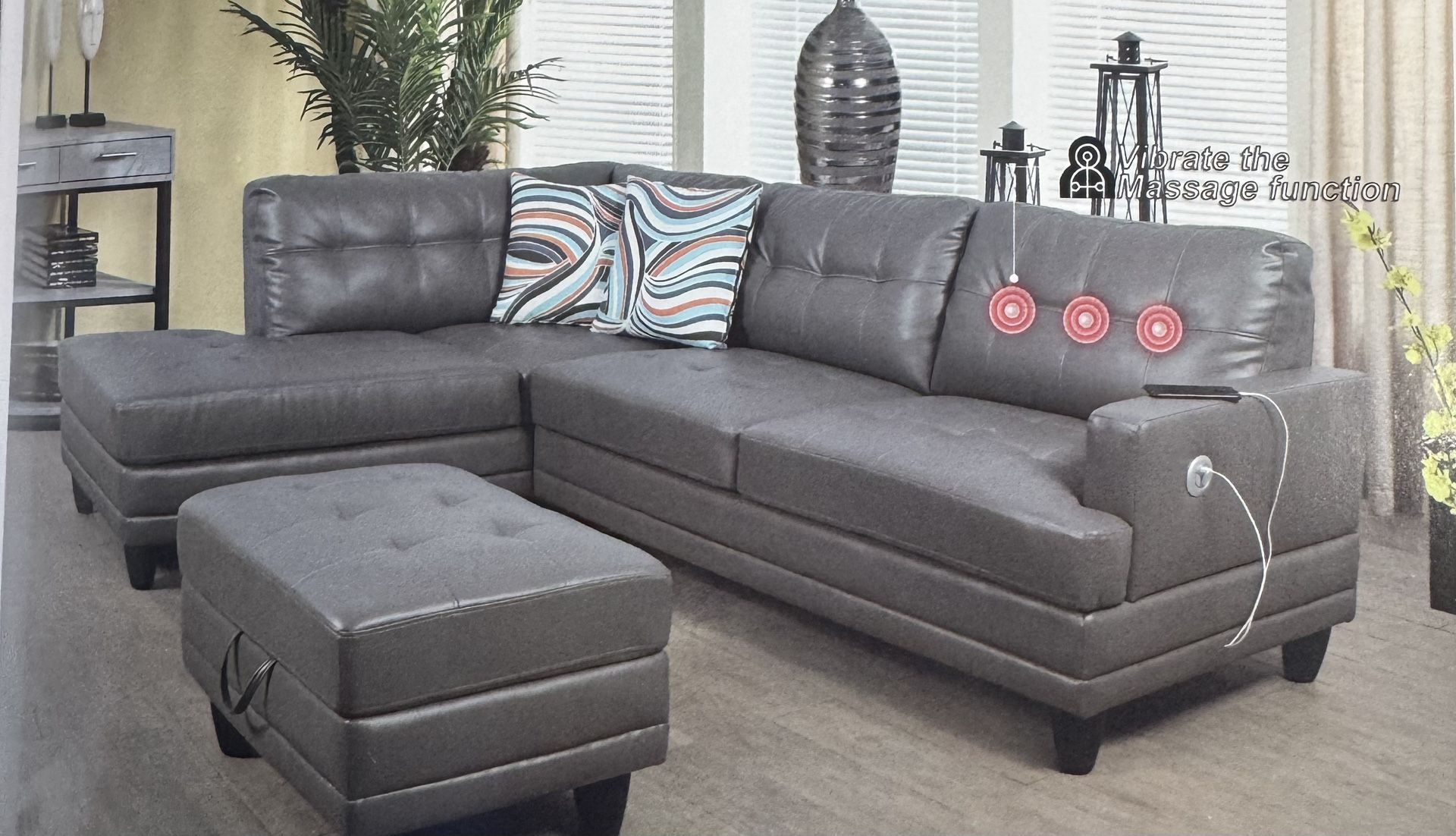 Gray Leather Sectional Couch With Massage And USB Ports