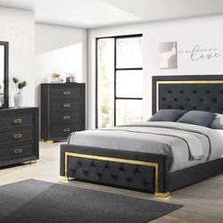 Pepe Black/Gold Panel Upholstered Bedroom Set