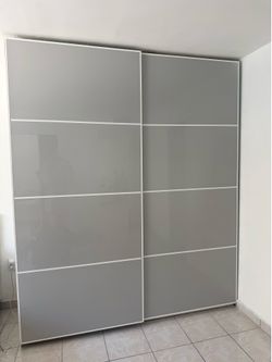 Modern White & Gray Sliding Door Wardrobe with 8 Large Drawers