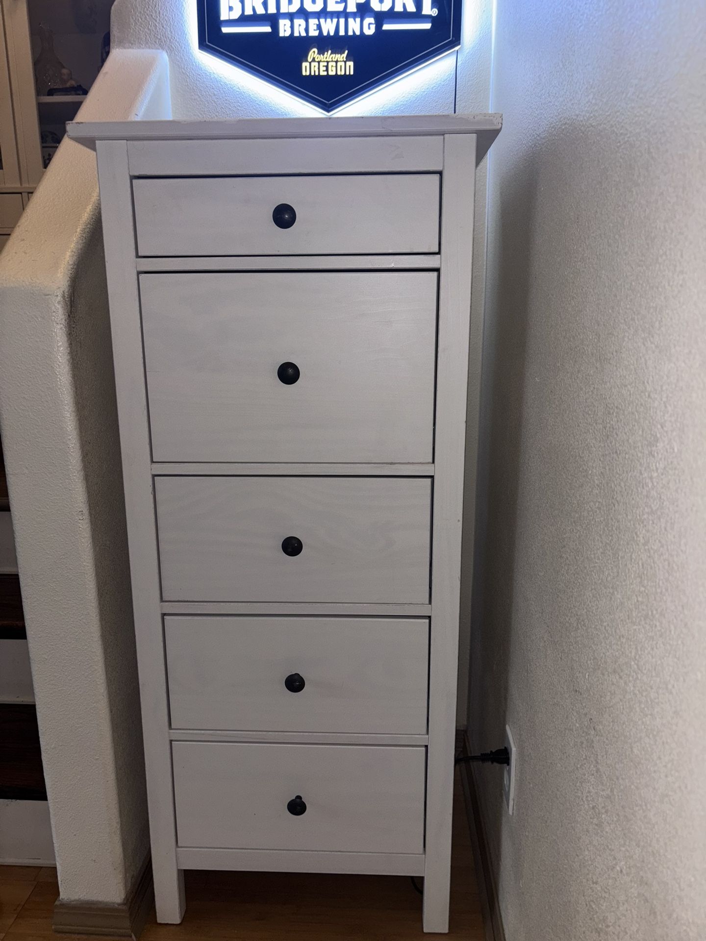 Tall” Skinny Dresser In Ivory Stained Solid Wood.