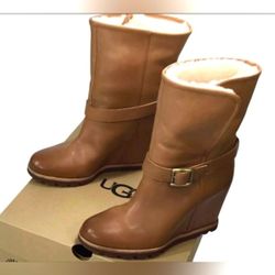 Ugg Ellecia Leather Boots Wedge Chestnut Sheepskin Lined Foldover Cuff Boots 8
