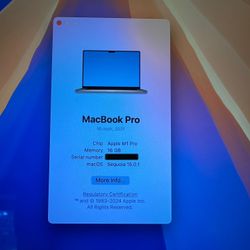 2021 M1 Macbook Pro 16 Inch 512GB 16GB Ram