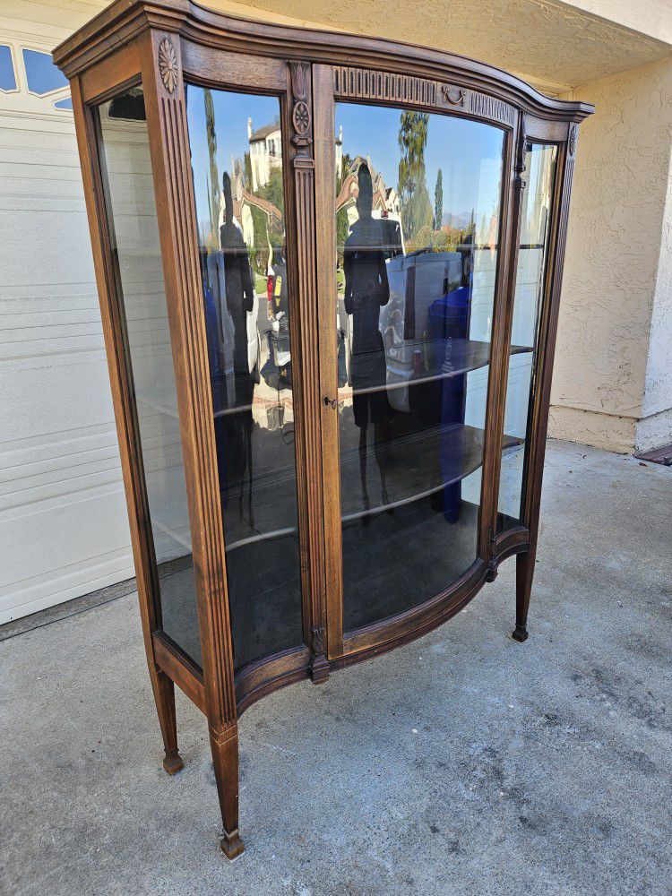 Antique Wood Curio Cabinet w/ Curved Glass