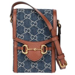 GUCCI Blue GG Supreme Denim & Brown Calfskin Leather Horsebit 1955 Mini Bag