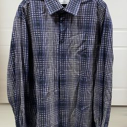 Bugatchi Uomo Shirt Men’s 3XL Blue/Grey Square Pattern Long Sleeves - Shaped Fit