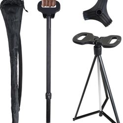 Cane with Seat, Walking Stick with Seat for Men & Women, Adjustable, Foldable, Lightweight Sturdy Tripod Cane Mobility Aid Crutch Chair with Travel Ba