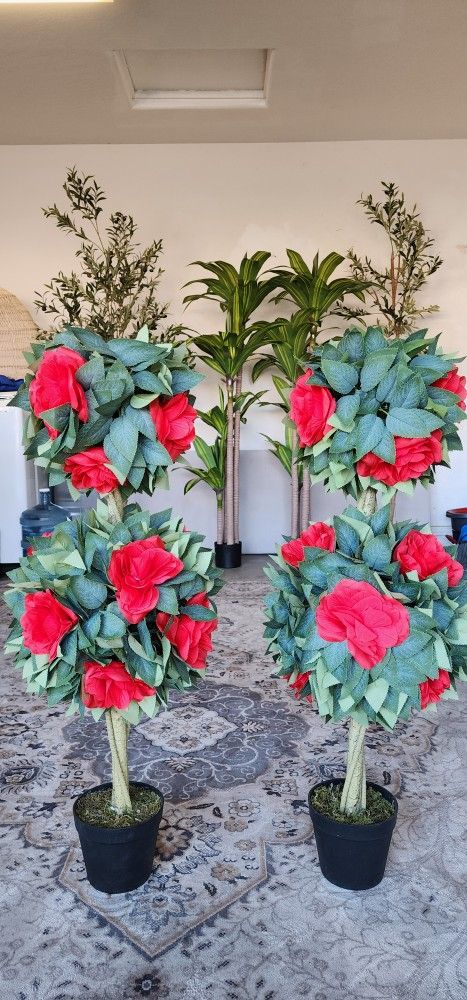 (Set Of 2) Life Like 3Ft Arfiticial Camellia Flower Double Ball Topiary Trees Faux Topiary Outdoor Trees For Out Door Porch Decor



