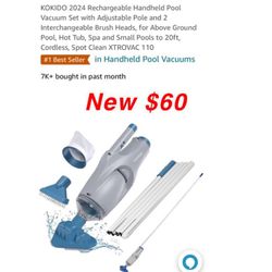 KOKIDO 2024 Rechargeable Handheld Pool Vacuum Set with Adjustable Pole and 2 Interchangeable Brush Heads, for Above Ground Pool, Hot Tub, Spa and Smal