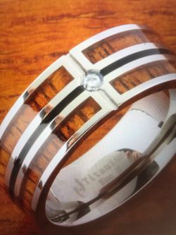 8mm titanium Koa Wood ring with cz inlaid