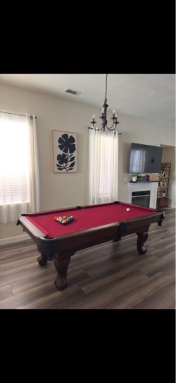 Pool Table with Red Felt and Balls