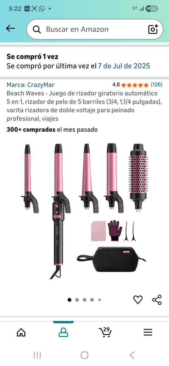 Beach Waves - 5-in-1 automatic rotating curler set, 5-barrel (3/4, 1.1/4 inch) hair curler, dual-voltage curling wand for professional hairstyle, trav