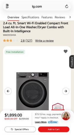 LG WM3555HVA 2.4 cu. ft. Smart Wi-Fi Enabled Compact Front Load All-In-One Washer/Dryer Combo - Graphite Steel1030 Perfect Space-Saving Solution for A