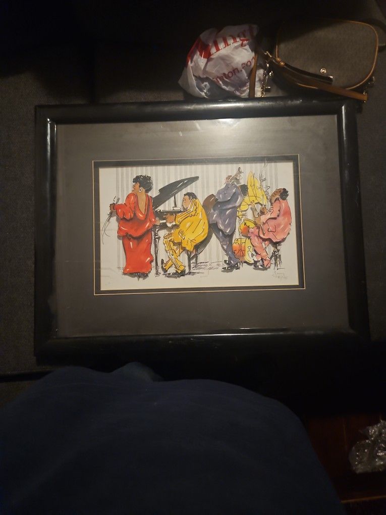 This is a framed print of a watercolor painting by the artist Leo Meiersdorff, known for his jazz-themed artwork
