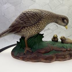 Vintage Holland ceramic quail figurine, a mother quail with chicks.  Hand-painted ceramic sculpture is a mid-century decorative collectible.  produced