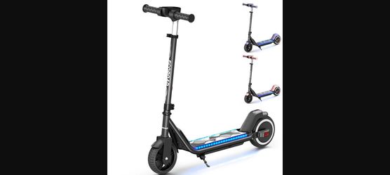 Kids Electric Scooter - Adjustable Height, LED Lights, 3 Speeds (Ages 6-10), Black