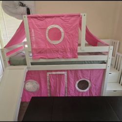 Kids Loft Bed with Slide and Stairs – Includes Mattress & Pink Castle Tent