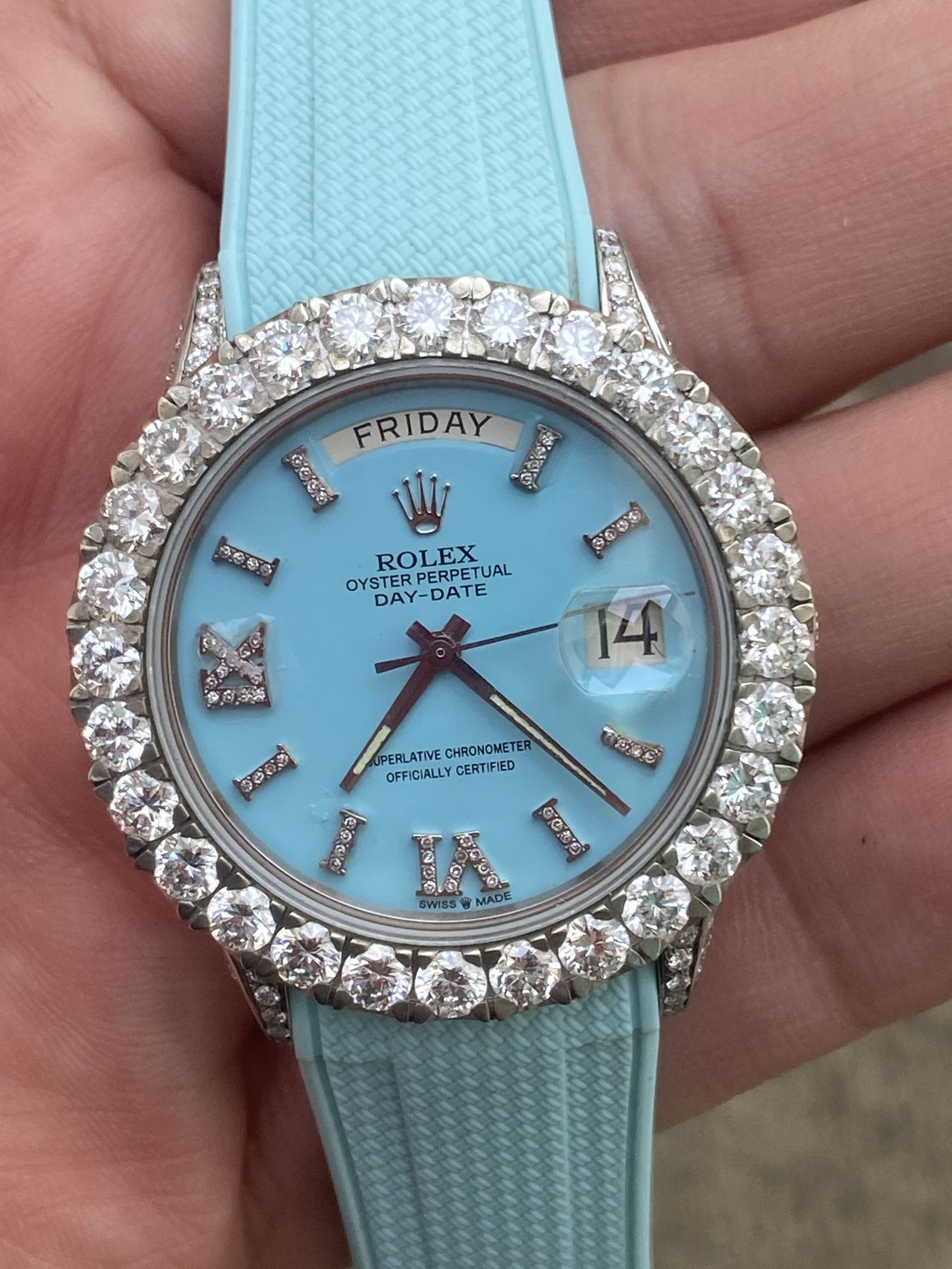 Rolex 38mm Day Date Jumbo Tiffany Diamond Roman Full Set Buy Sale Trade Gold Watches Chains Rings Bracelets