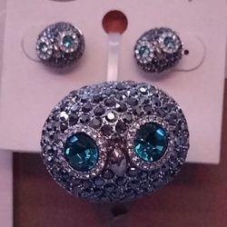 Vintage Owl Ring & Earrings Pavé Crystals 