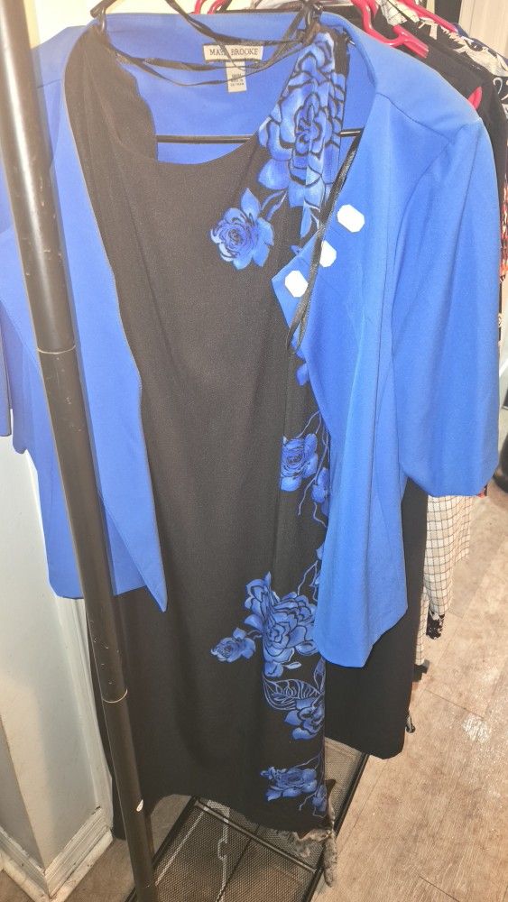 “Size 18 Maya Brooke Dress w/ Matching Jacket Black Blue Floral Set”