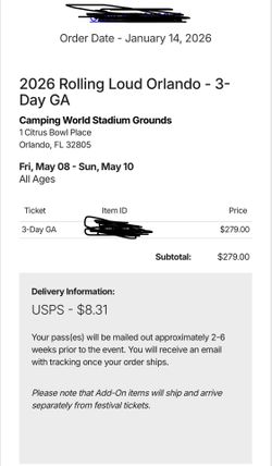 (1) 2026 Rolling Loud Orlando - 3- Day GA