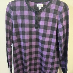 Denim & Co Plaid Purple & Black Plaid Top Stretch  Size L … NWOT