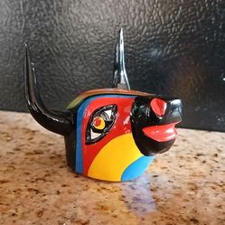 COLOMBIAN Bull Head Wall Mask ~ Miniature Hand Carved and Painted Animal