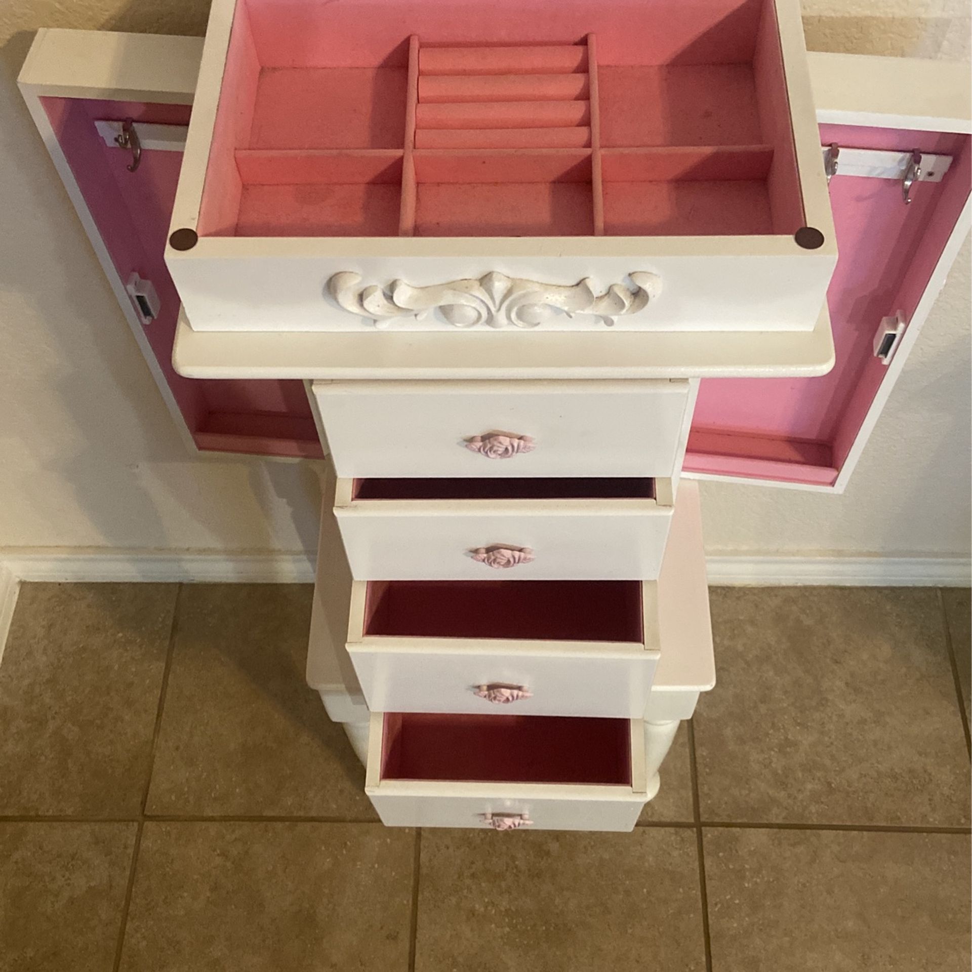 Traditional White Jewelry Armoire with Pink Interior