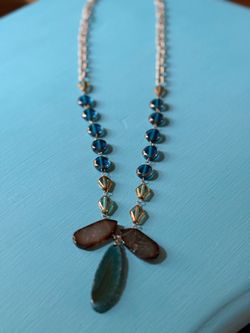 Vintage TOVA Statement Necklace - Blue Banded Agate Slices & Art Glass Beads