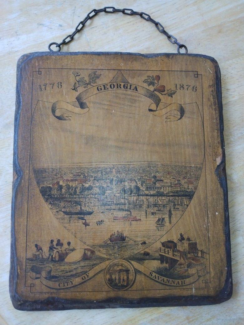 Rare Lithograph Wood Plaque of Savannah, Ga 1876 Centennial