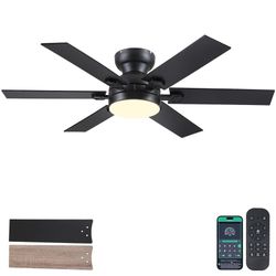 46" Low Profile Ceiling Fans with Lights and Remote,Black Outdoor Ceiling Fans with Quiet Reversible DC Motor, Modern Flush Mount Fans Light for Livin