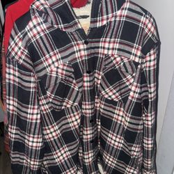 Red + black plaid hoodie with hood