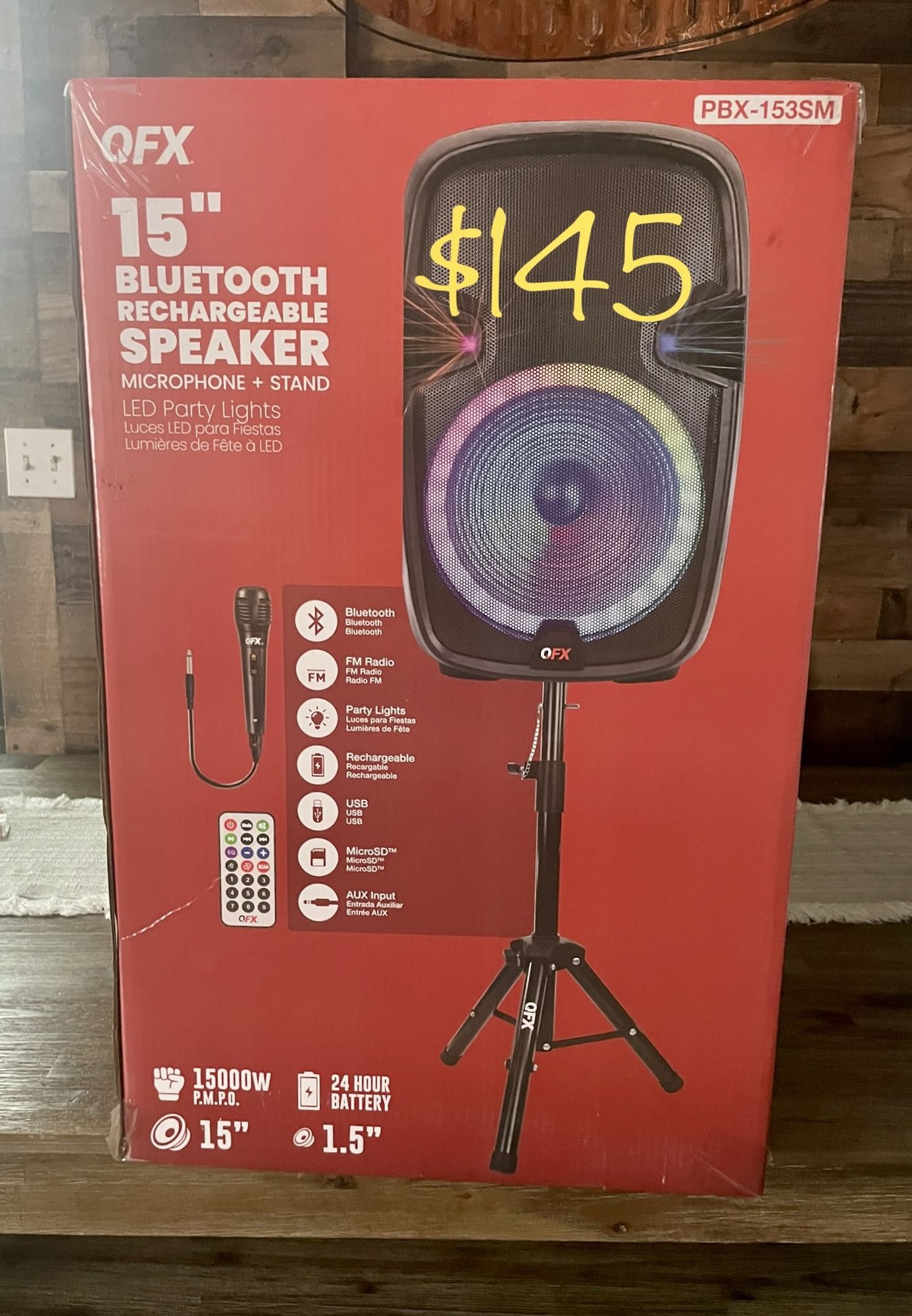15” Qfx Bluetooth Rechargeable Party Speaker With Microphone , LED Display Lights And Stand Included 🔊🎶🎤🎶🙌