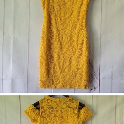 Ambiance Womens Yellow Lace Floral W/ Underlay Cold Shoulder Zip Back Size S
