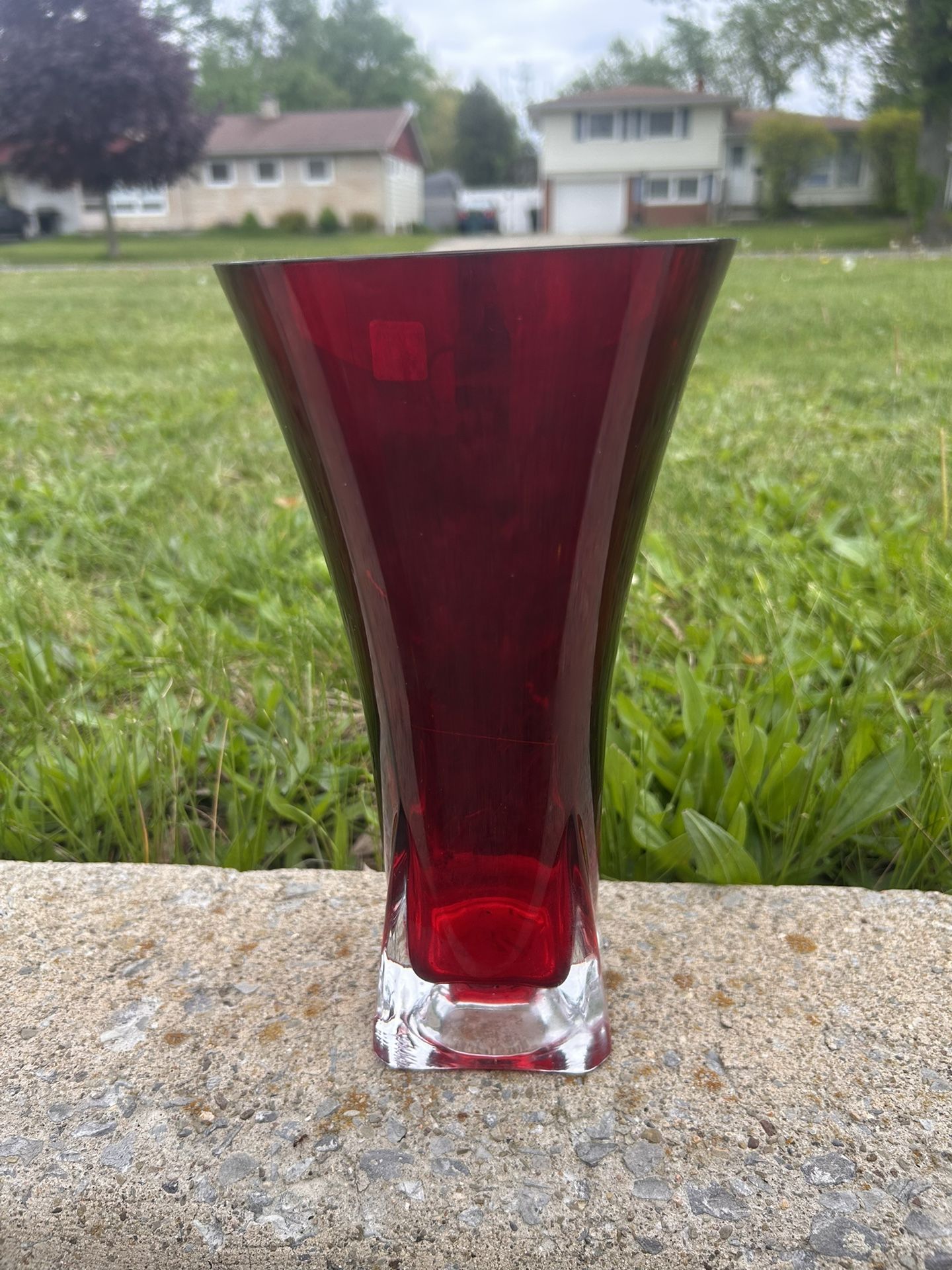 HOOSIER GLASS Vase #4040 Cranberry Red Hexagonal 9"