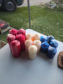 Red white and blue candles with wooden stands- mix and match with any of our other items for sale