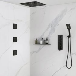 16" Black Shower System Large Rainfall Shower Head with Hand Shower and 3 Body Jets