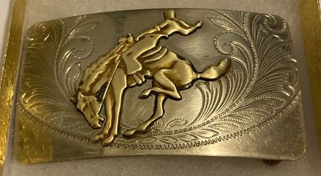 Vintage Metal Belt Buckle, Nickle Silver and Brass, Justin Belt Co, Bronco Busting, Nice Design, 3 1/4" x 2", Heavy Duty, Quality, Thick Metal, Made i