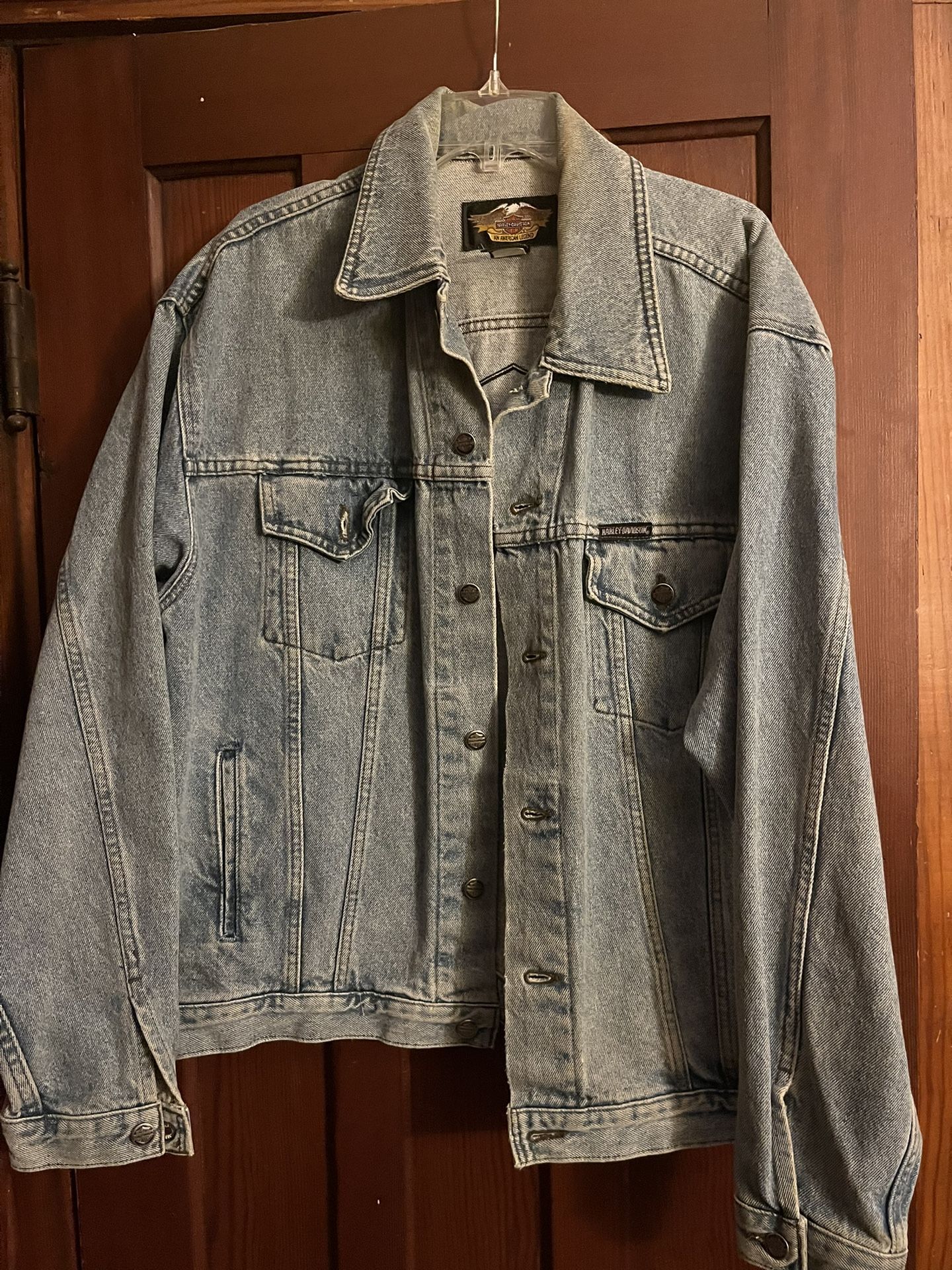 Vtg Harley Davidson Denim Jean Jacket Mens L Biker Motorcycle 90s Light Wash