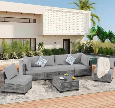 Newly Assembled 7 Pieces Outdoor Patio Furniture Set Wicker Sectional Sofa Set Rattan Modular Patio