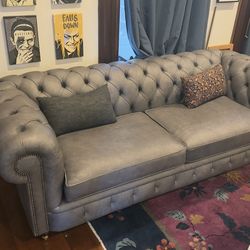 Beautiful Gray Leather Chesterfield Sofa