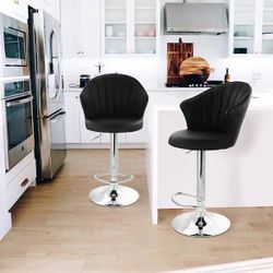 35 in Black and Chrome Shell Back Faux Leather Bar Stool with Adjustable Height (Set of 2)