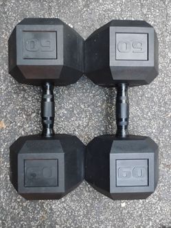 NEW PAIR OF 60 LB. RUBBER HEX DUMBBELLS