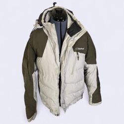 Cloudveil Men’s Goose Down Ski Jacket Parka Size Large L Beige Gray Powder Skirt