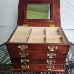 VTG Wood Chippendale Style Jewelry Box Chest Brass Pulls Lift Top Mirror