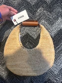 STAUD Woven Moon Raffia Tote Bag